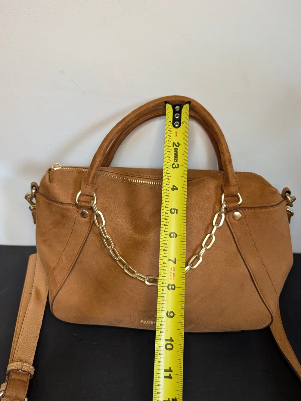 Nanette Lepore Faux Suede Satchel Bag in Camel W/Gold-tone Accent Chain